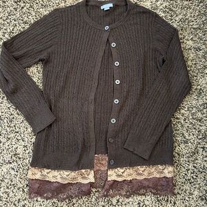Laura Scott Brown Cardigan with Lace Trim
